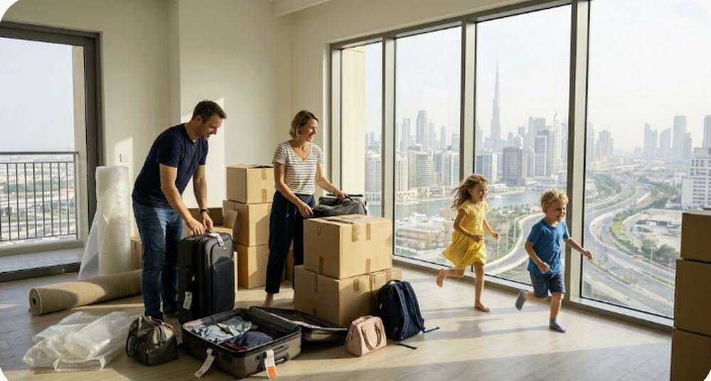 Familie zieht in eine Wohnung in Dubai ein