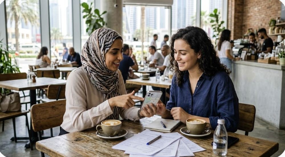 Zwei Mitglieder tauschen sich in einem Café in Dubai aus